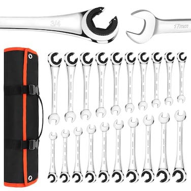 LOSCHEN Metric and SAE 20PCS Ratcheting Combination Wrench Set Spanner Set with Open End CRV Steel Ratcheting Tubing Wrench Set with 72Tooth Gear