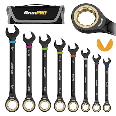 GRENPRO Ratchet Wrenches Set Ratcheting Wrench Set 9PC Sae 516 to 34 72Th Long Box Open End Ratchet Wrench Organizer With Color Ring With Roll Up Pouch With Gauge Big Combination Wrench Tool Sets