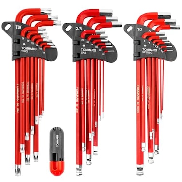 TOMMARS Hex Key Set Magnetic Ball End S2 Steel With THandle Hex Key Allen Wrench Set SAE11638 Metric15mm10mm TORXT10T50