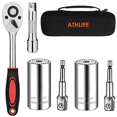Athlife Universal Socket Wrench Tool Kit 719mm Socket Grip Tool Sets with 38 Ratchet Wrench Power Drill Adapter Gift for DIY Handyman Husband Boyfriend Dad Women Silver