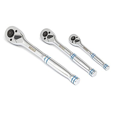 Neiko 03000A 100Tooth QuickRelease RatchetWrench Set 14Inch 38Inch and 12InchDrive Ratchets 36Degree Swing CrMo Steel 3Piece Set