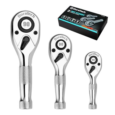 DURATECH 3PCS Stubby Ratchet Wrench Set 90Tooth 14 38 12 Drive Socket Wrench Mini Small Ratchet with CRMO Head QuickRelease Reversible Design Full Polished EVA Organizer