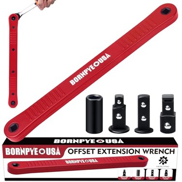 Bornpye Offset Extension Wrench Set Impact Ready Socket Wrench Extender Tool with Versatile 14 38 and 12 Square Drive Adapters Red