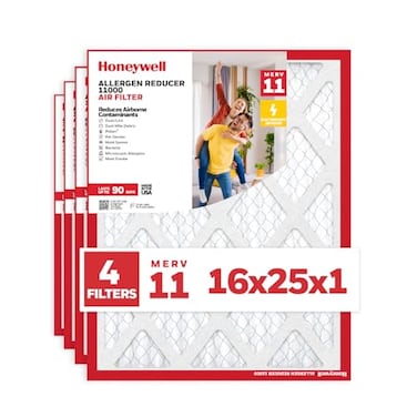 Honeywell 16x25x1 MERV 11 Allergen Reducer 11000 Electrostatic Pleated HVAC AC Furnace Air Filter 4Pack Replacement Filter for Home Use Made in USA