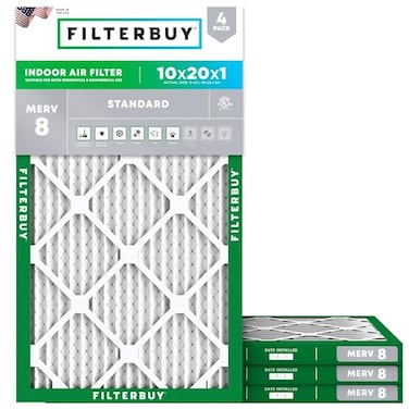 Filterbuy 10x20x1 Air Filter MERV 8 Essential Dust Allergy Defense 4Pack Electrostatic Pleated HVAC AC Furnace Filters Replacement Made in USA Actual Size 950 x 1950 x 075