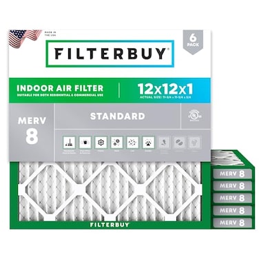 Filterbuy 12x12x1 Air Filter MERV 8 Essential Dust Allergy Defense 6Pack Electrostatic Pleated HVAC AC Furnace Filters Replacement Made in USA Actual Size 1175 x 1175 x 075