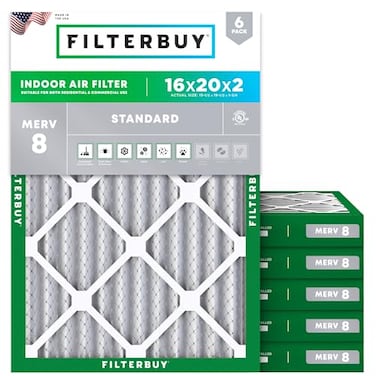 Filterbuy 16x20x2 Air Filter MERV 8 Essential Dust Allergy Defense 6Pack Electrostatic Pleated HVAC AC Furnace Filters Replacement Made in USA Actual Size 1550 x 1950 x 175