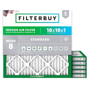 Filterbuy 18x18x1 Air Filter MERV 8 Essential Dust Allergy Defense 6Pack Electrostatic Pleated HVAC AC Furnace Filters Replacement Made in USA Actual Size 1775 x 1775 x 075