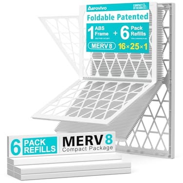 AErovivo 16x25x1 Refillable Air Filter Kit MERV 8 1 Reusable Foldable Frame 6 Refills Fits Most AC HVAC Furnace Devices Actual Size 1575x2475x075in