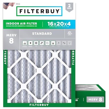 Filterbuy 16x20x4 Air Filter MERV 8 Essential Dust Allergy Defense 2Pack Electrostatic Pleated HVAC AC Furnace Filters Replacement Made in USA Actual Size 1550 x 1950 x 363