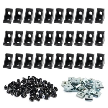 FORRCKY 30 Set 2028 2020 Aluminum Extrusion Corner Bracket 20 Series V T Slot Hardware L Right Angle Connector with M6 T Slide Nuts Bolt Screw for 2020 2040 2060 Black Extruded Aluminum Profile