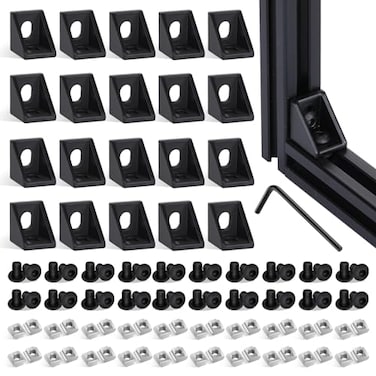 tchrules 20 Set Black 2020 Series Aluminum Profile Connector Kit 20pcs Corner Brackets with 40pcs M5 Screw Bolts and T Slide Nuts for 2020 Series Aluminum Profile Rail T Slot Extrusion Accessories