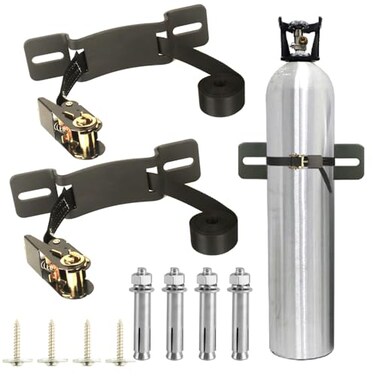 MAIQIYALAN 2PCS Propane Tank HolderOxygen Tank HolderNitrogen Gas Cylinder Holder with 66ft Ratchet Strap and Screws Suitable for rv Propane Tank HolderCylinder Wall Mounted Bracket Black