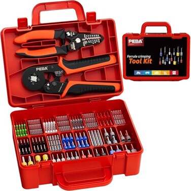 PEBA Ferrule Crimping Tool Kit with Wire Stripper 24 Sizes Tinned Copper Wire Ferrules incl Twin Ferrules Square Ratcheting Crimper AWG 287 SelfAdjusting Electrical Crimp Tool with Carry Case