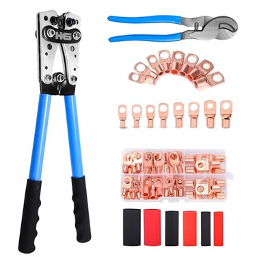 HKS Battery Cable Lug Crimping Tool 101 AWG with Cutter 60Pcs Copper Ring Terminals 60Pcs 31 Heat Shrink Tubing Heavy Duty Wire Crimper Set for Battery Cables