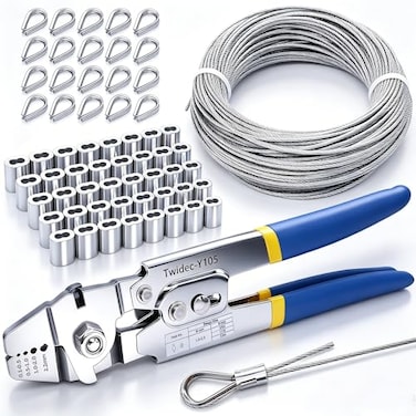 TwidecWire Rope Crimping Tool Kit Up To 22mm Swaging Tool With 165FT 116 304 stainless steel Wire Rope And 150PCS 116Aluminum Crimping Loop Sleeve 20PCS Wire Rope Thimbles