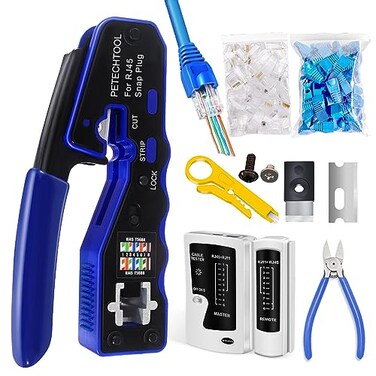 PETECHTOOL RJ45 Crimp Tool Pass Through Ethernet Crimper for Cat6 Cat5e Cat6a Connectors Cat6 Crimping Tool Kit