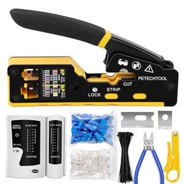 PETECHTOOL RJ45 Crimp Tool Pass Through Ethernet Crimping Tool Kit Cat6 Cat5e Cat6a RJ45 Crimper with Cable Tester Cat6 Connectors with RJ45 Boot Covers Mini Stripper Blades and Cable Ties