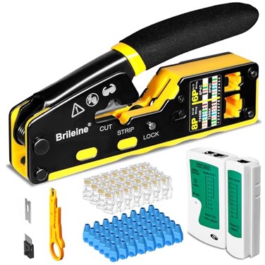 Brileine RJ45 Crimp Tool Pass Through Kit Ethernet Crimper Cat5 Cat5e Cat6 Crimping Tool for RJ11RJ12 6P8P with Network Lan Cable Tester 50PCS Cat6 Connectors 50PCS Boots Mini Cable Stripper