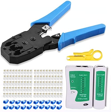 Gaobige rj45 Crimp Tool Kit Cat5 Cat5e Crimping Tool with 100pcs rj45 Cat5 Connectors 20pcs rj45 Cat5e Connector Covers Cable Tester Network Wire Stripper