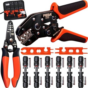 PEBA Crimping Tool Kit Solar Crimper for AWG 1610 Solar Panel Cable Wire with 6 Pairs Solar connectors Solar Wire Stripper and 1 Pair Solar Connector Spanner Wrench Ratchet Crimp Tool Set
