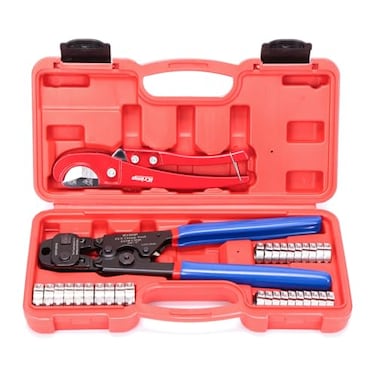 iCrimp Ratchet PEX Cinch Tool with Removing Function for 38in 12in 34in 1in Stainless Steel Clamp PEX Crimper with 20PCS 12in 10PCS 34in PEX Clamps and Pipe Cutter All in One