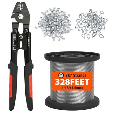 Sanuke Wire Rope Crimp Kit with 328ft Stainless Steel Cable 7x7 Strand Core 116 Aluminum Crimp Loop Sleeves and Wire Rope Stainless Steel Thimble