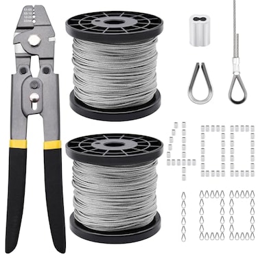FGBNM 656ft Wire Rope Crimping Tool Kit 116 Stainless Steel Wire Rope Cable with Aluminum Crimping Sleeves and Stainless Steel Thimbles for Railing Decking Picture Hanging
