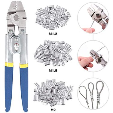 Glarks Up to 22mm Wire Rope Crimping Tool with 150Pcs 3 Size Aluminum Double Barrel Ferrule Crimping Loop Sleeve Kit