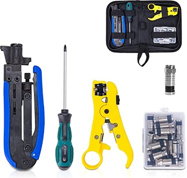 Fstop Labs KOTTO Coax Cable Crimper Kit Adjustable Compression Tool for RG6 RG59 RG11 Includes Coaxial Cable Stripper and 20 F Compression Connectors