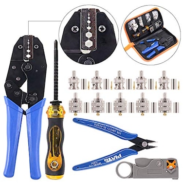 Swpeet 14Pcs Professional Coaxial Cable Tool Kit Ratcheting Wire Terminal Coaxial Cable Tool Kit with 1Pcs Cable Stripper and 10pcs 50 Ohm Crimp MaleStraight Connectors for Coax Connectors