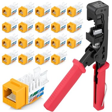 Everest Media Solutions Everest 45Term 45 Angled Speed Termination Keystone Tool Set with 20Pack of RJ45 Cat6 Keystone Jacks in Yellow Slim Profile Design Time Saver Network Punch Down Tool Cat6