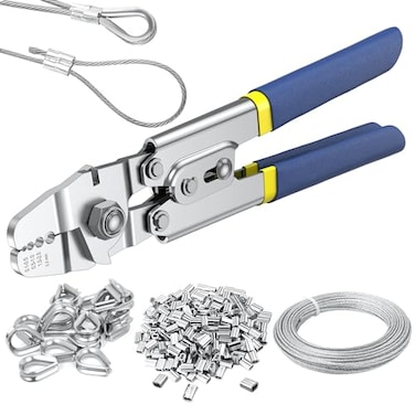 TOOGOND 100ft Wire Rope Crimping Tool Kit Fishing Crimping Tool With 304 Stainless Steel Cable 7x7 Strand Core15mm 200Pcs 116Aluminum Crimp Loop Sleeves And 20Pcs Wire Rope Stainless Steel Thimble
