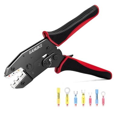 Sanuke Crimping Tool for Heat Shrink Connectors AWG 2210 Ratcheting Wire Terminal Crimper Insulated Nylon Crimp Pliers for Electrical Repairs Auto Wiring Home Projects