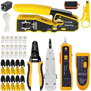LEATBUY-TECH LEATBUY CAT6 Crimp Tool Kit for RJ45 CAT5 Professional Network Crimper Wire Connector Stripper Cutter Computer Maintenance Lan Cable Pliers Tester Repair Punch Down Tool SetYELLOW