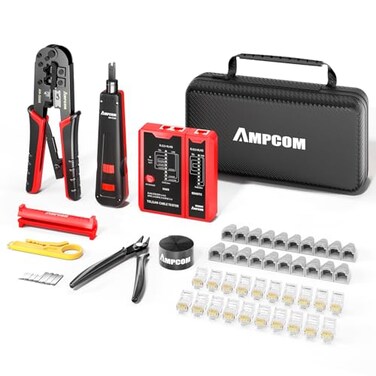 AMPCOM Ethernet Crimping Tool Kit 10in1 RJ45RJ11 Network Tool Kit with RJ45 Tester for Cat6Cat5eCat5 RJ45 Connectors Includes 110 Punch Down Tool Wire Stripper Portable Waterproof Bag