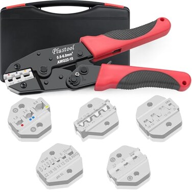 Plustool 6PCS Crimping Tool Set Ratcheting Wire Crimper for Heat Shrink Insulated Nylon NonInsulated Ferrule Terminal Open Barrel Terminals Solar Connectors