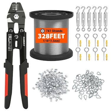 Sanuke Wire Rope Crimp Kit 328ft 116 Inch Wire Rope Cable with 200pcs Crimping Sleeves and 50pcs Thimbles 6pcs M4 Hook Eye Turnbuckle and 8pcs Eye Screws for Railing Decking Hanging