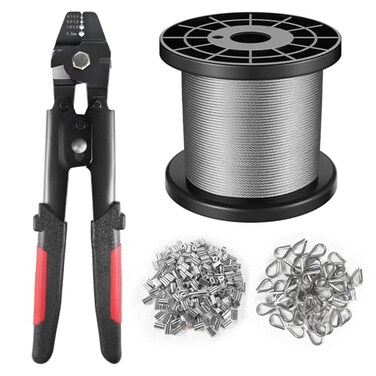 KALLSDY Wire Rope Crimping Tool Kit 328FT Stainless Steel Cable with 200PCS 116 Aluminum Crimping Loop Sleeves and 50PCS Stainless Steel Thimbles