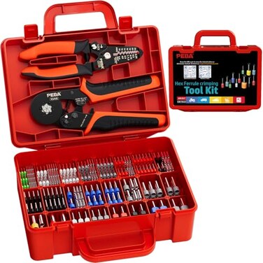 PEBA Ferrule Crimping Tool Kit with Wire Stripper 33 Sizes Tinned Copper Wire Ferrules incl Twin Ferrules Hex Ratcheting Crimper AWG 287 SelfAdjusting Electrical Crimp Tool with Carry Case