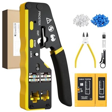 Proster RJ45 Crimp Tool Kit 3 in 1 Pass Through RJ45 Crimper Ethernet Crimping Tool for 8P RJ45 Cat55e Cat66a 6P RJ11 RJ12 with Cable Tester Stripper 50PCS Cat6 Connectors and Protective Covers