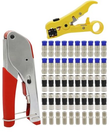 Zkarabc Coax Cable Crimper and F Style RG59 RG6 Connectors 40Pcs F Male And 10Pcs Female to Female with Coaxial Compression Tool Kit Wire Stripper