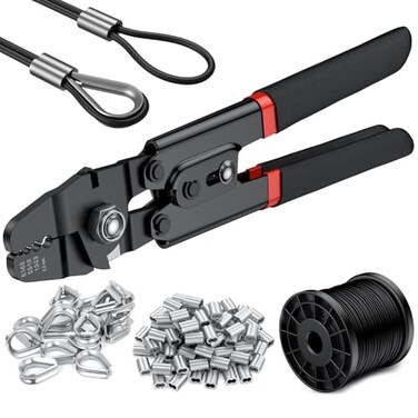 TOOGOND 328ft Wire Rope Crimping Tool Kit Fishing Crimping Tool With Black Vinyl Coated Wire Rope 7x7 Strand Core15mm 200Pcs 116Aluminum Crimp Loop Sleeves And 20Pcs Stainless Steel Thimble