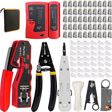 LEATBUY-TECH LEATBUYTECH LEATBUY CAT5 Crimper Tool Kit for RJ45RJ11RJ12CAT6Cat5e Professional Network Crimper Wire Connector Stripper Cutter Computer Maintenance Lan Cable Pliers Tester Repair Set Red