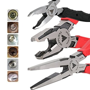 VAMPLIERS 3PC Screw Extractor Pliers Set Made in Japan 8 Linesman 75 Long Nose and 5 Mini Screw Remover Plier High Carbon Steel Stripped Screw Removal Tools