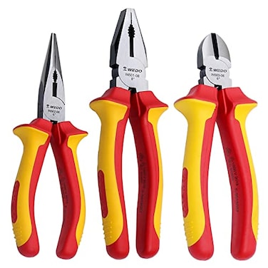 WEDO Insulated Pliers Set 3pcs VED 1000V Electrician pliers Kit Lineman Pliers 8 Long Needle Nose Pliers 6 Diagonal Cutting Pliers 6 CRV AntiSlip Handles