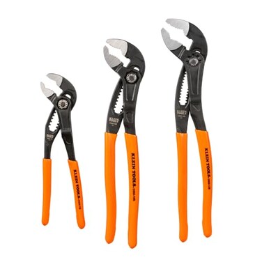 Klein Tools D5053BKIT 3Piece Adjustable Pliers QuickAdjust Klaw Pump Pliers Set 7Inch 10Inch and 12Inch Compact Design with VJaw and Hardened Teeth for Maximum Torque