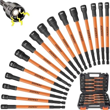 LOZAGU 16Pcs Long Magnetic Nut Driver Set for Impact Drill 6 Inch Long Nut Driver Set SAE and Metric 14 Inch Hex Shank CrV Steel 16PCS Magnetic Nut Driver Long