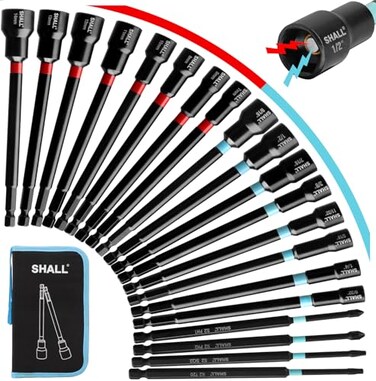 SHALL 20PCS Magnetic Nut Driver Set 6 Long Nut Drivers for Impact Drill SAE Metric 14 Hex Shank Nut Driver Bit Impact Drill Driver Bit wPower Screwdriver Bits PH1PH2SQ2T20 Storage Bag