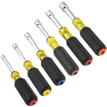 Klein Tools 65456MAG HeavyDuty HollowShaft Nut Driver Set Magnetic ColorCoded Hex Sizes 14 to 916Inch CushionGrip Handles 6Piece